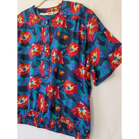 Chaus Woman VTG Hawaiian Floral Blouse 2X Short Sleeve Blue Red Elastic Waist - Picture 2 of 7